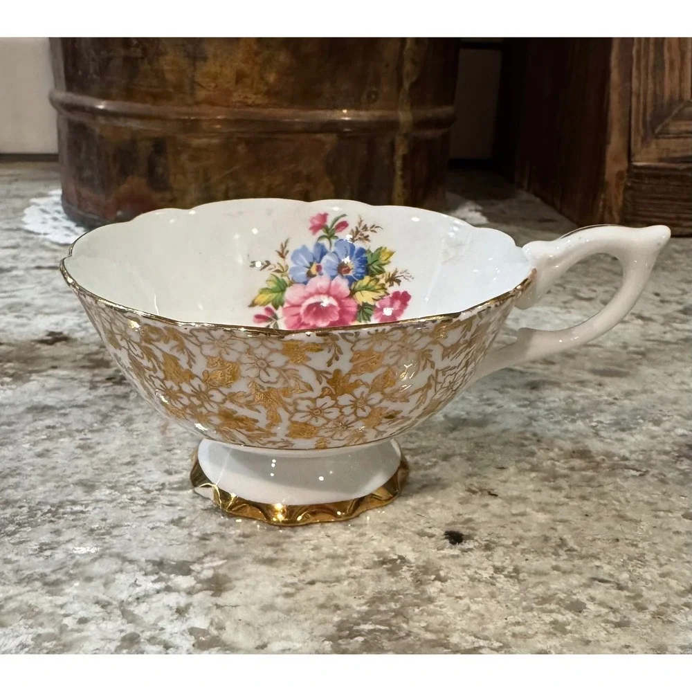Royal Standard England Bone China Teacup Gold Filigree Floral Scalloped Vintage